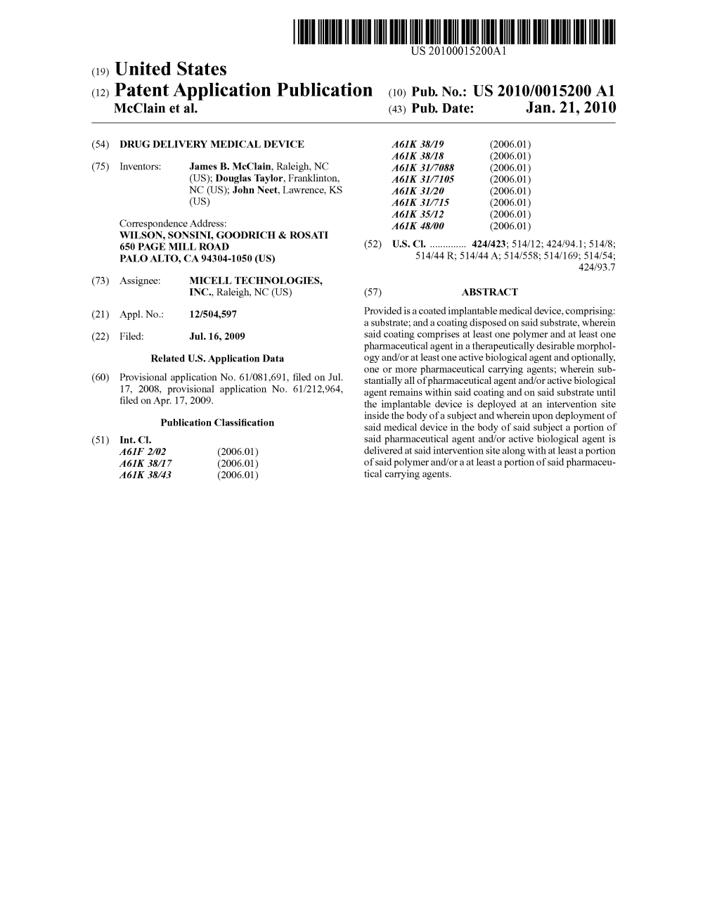 (12) Patent Application Publication (10) Pub. No.: US 2010/0015200 A1 Mcclain Et Al