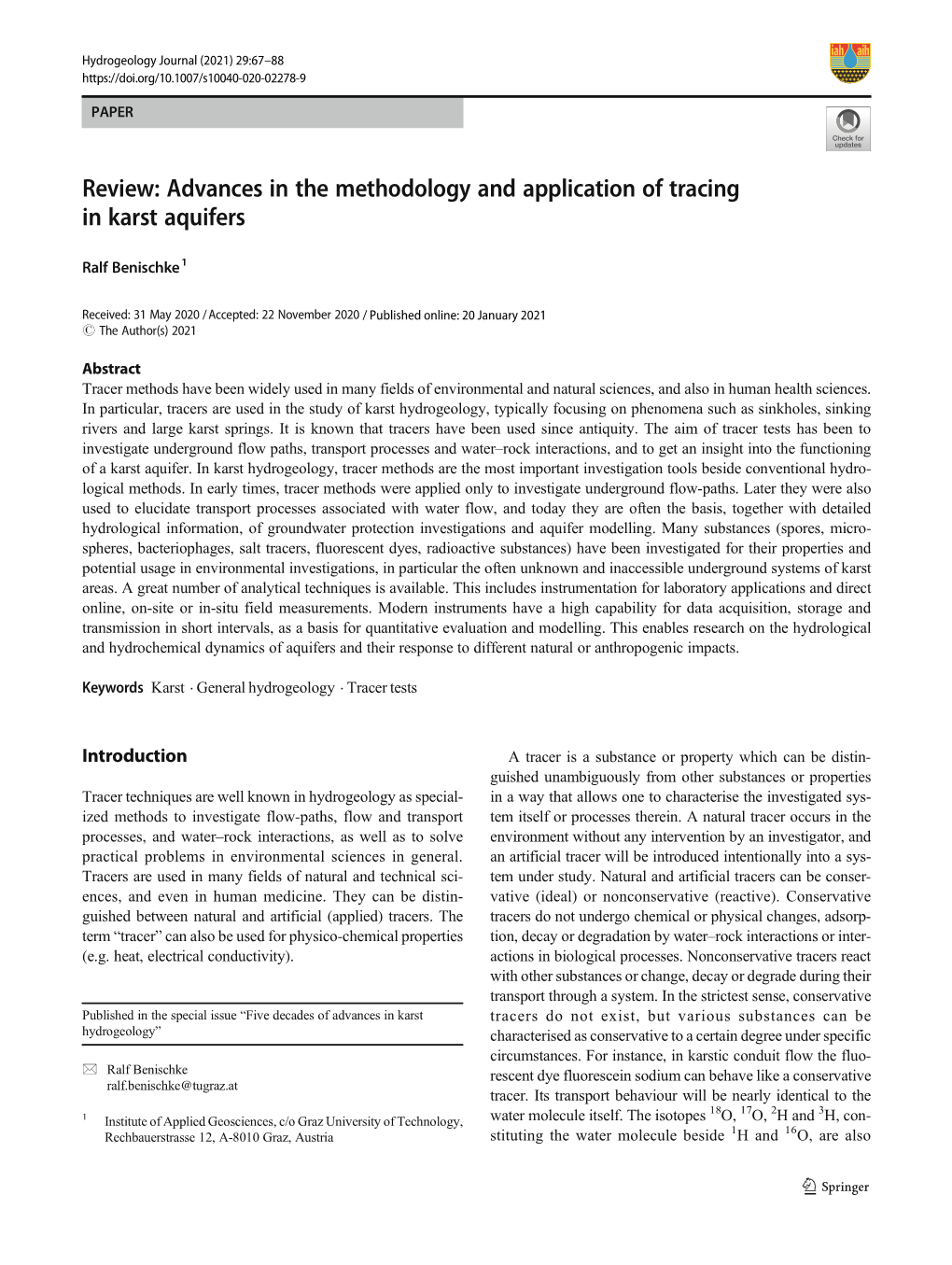 Review: Advances in the Methodology and Application of Tracing in Karst Aquifers