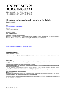 University of Birmingham Creating a Diasporic Public Sphere in Britain