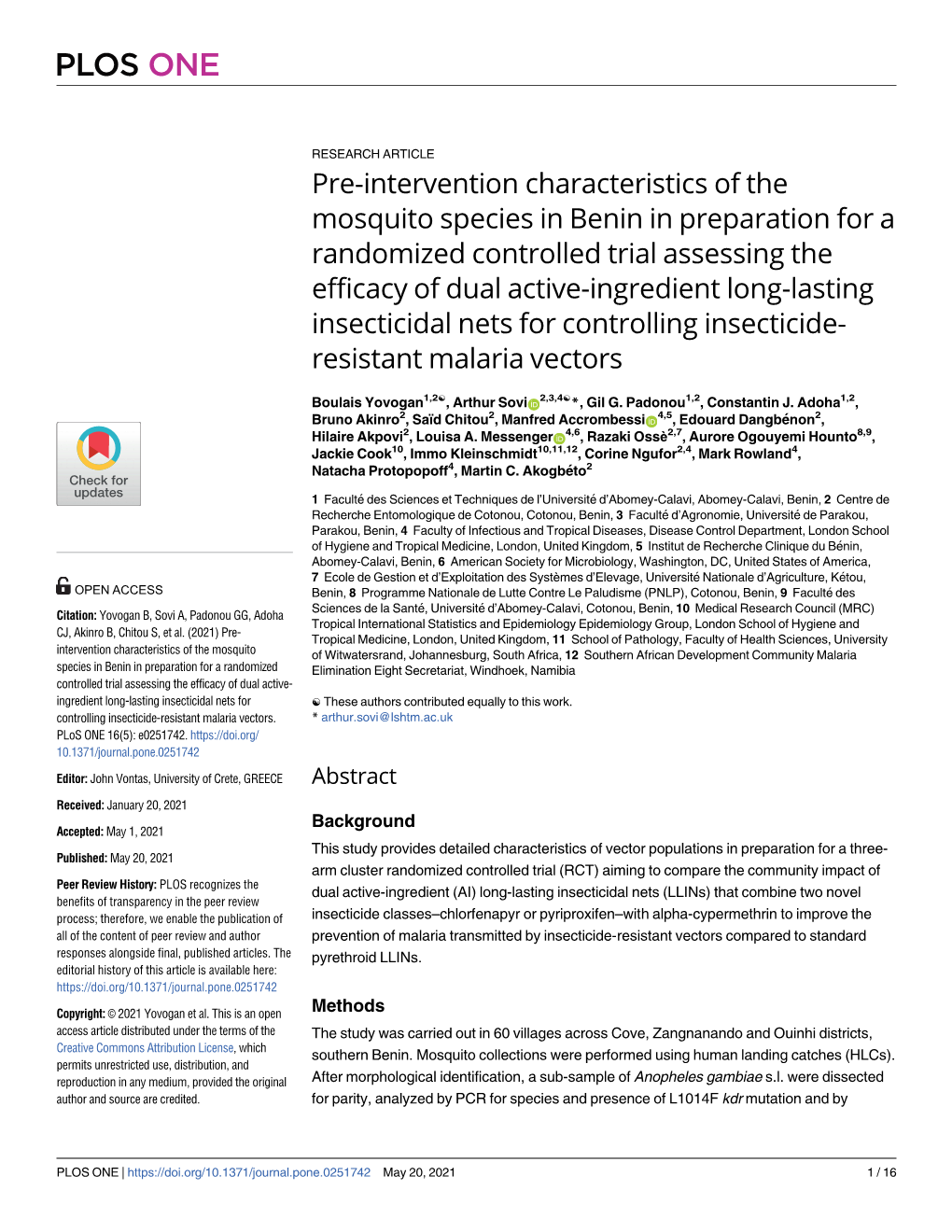 Pre-Intervention Characteristics of the Mosquito Species in Benin In