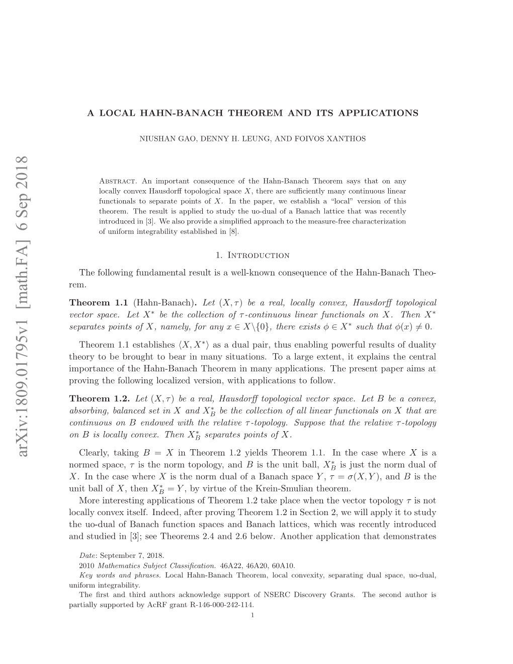 Arxiv:1809.01795V1 [Math.FA] 6 Sep 2018 Hoe 1.1 Theorem Rem