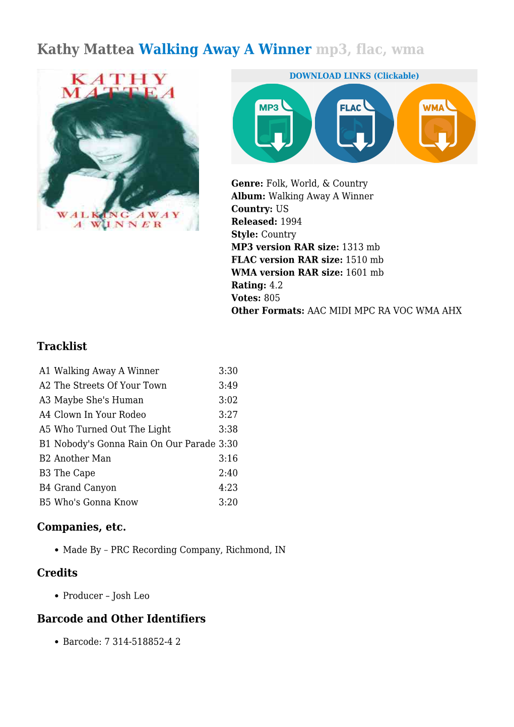 Kathy Mattea Walking Away a Winner Mp3, Flac, Wma