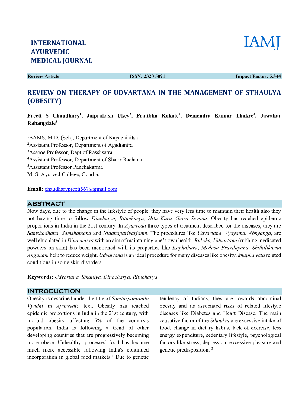 Review on Therapy of Udvartana in the Management of Sthaulya (Obesity)