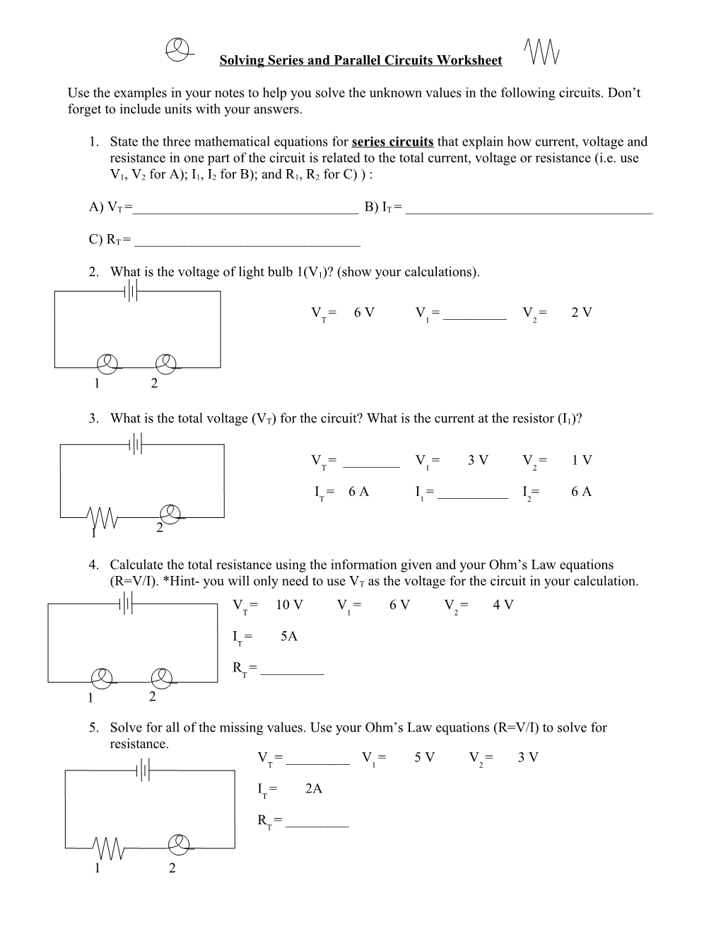 Solving Series and Parallel Circuits Worksheet