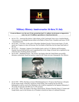 Military History Anniversaries 0716 Thru 073116