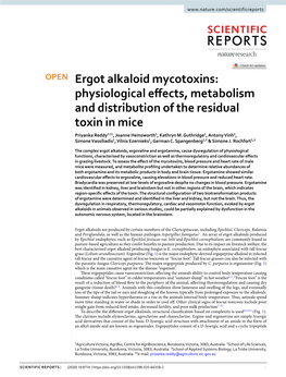 Ergot Alkaloid Mycotoxins: Physiological Efects, Metabolism and Distribution of the Residual Toxin in Mice Priyanka Reddy1 ✉ , Joanne Hemsworth1, Kathryn M