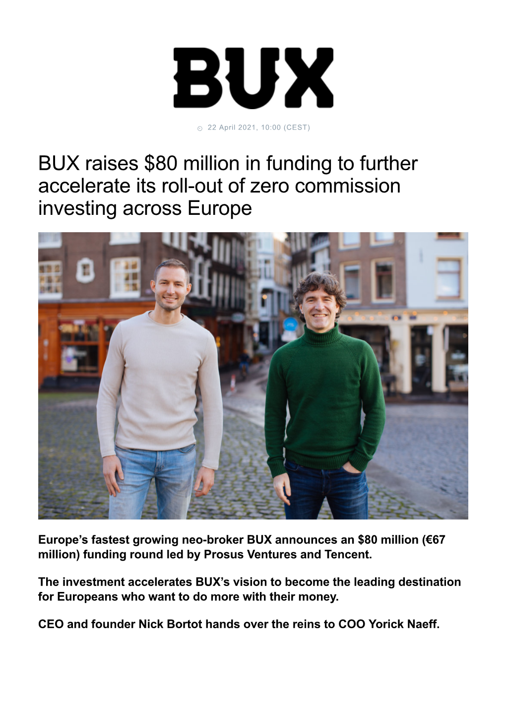 BUX Raises $80 Million in Funding to Further Accelerate Its Roll-Out of Zero Commission Investing Across Europe
