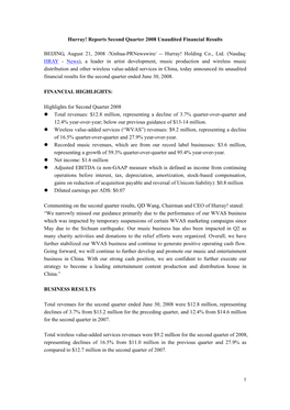 Reports Second Quarter 2008 Unaudited Financial Results BEIJING