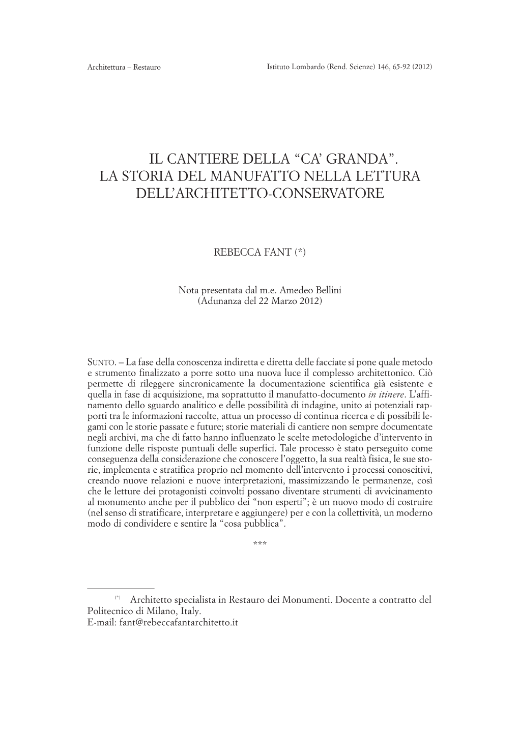 Il Cantiere Della “Ca' Granda”. La Storia Del Manufatto Nella Lettura Dell