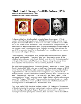 Red Headed Stranger”—Willie Nelson (1975) Added to the National Registry: 2009 Essay by Joe Nick Patoski (Guest Post)*