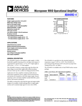 Micropower RRIO Operational Amplifier ADA4092-4