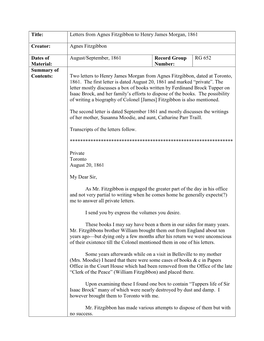 Title: Letters from Agnes Fitzgibbon to Henry James Morgan, 1861 Creator: Agnes Fitzgibbon Dates of Material: August/September
