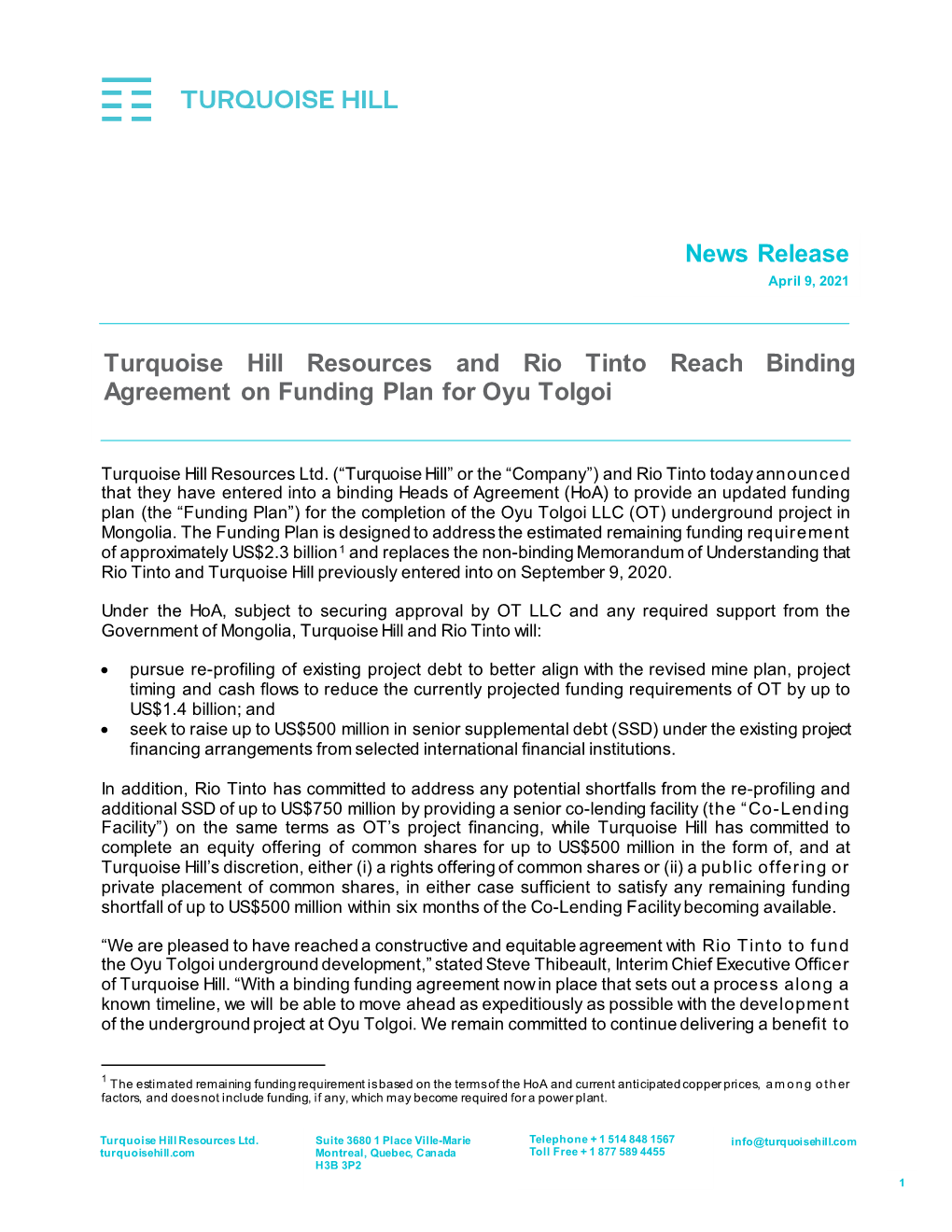 Turquoise Hill Resources and Rio Tinto Reach Binding Agreement on Funding Plan for Oyu Tolgoi