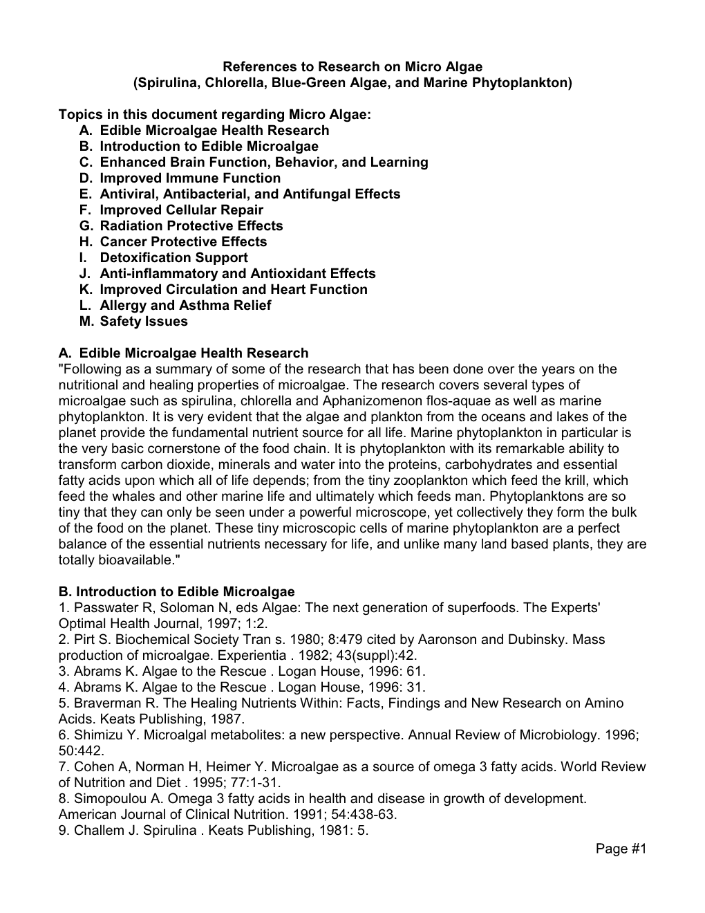 Page #1 References to Research on Micro Algae (Spirulina, Chlorella