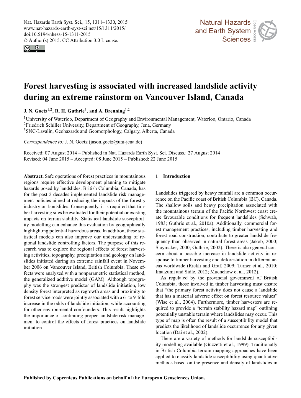 Forest Harvesting Is Associated with Increased Landslide Activity During an Extreme Rainstorm on Vancouver Island, Canada