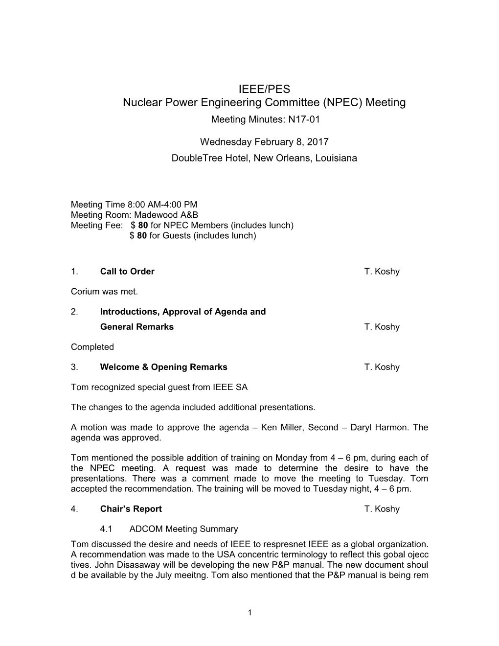 Nuclear Power Engineering Committee (NPEC) Meeting