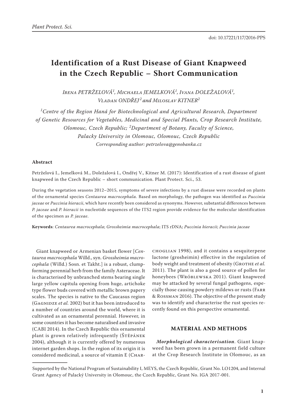 Identification of a Rust Disease of Giant Knapweed in the Czech Republic – Short Communication