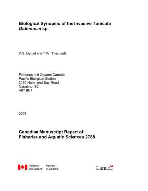 Biological Synopsis of the Invasive Tunicate Didemnum Sp. Canadian
