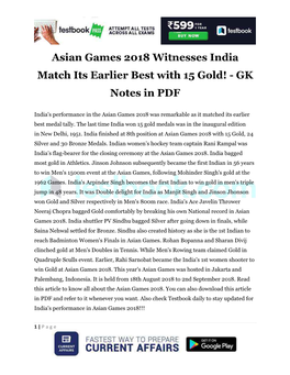 Asian Games 2018 Witnesses India Match Its Earlier Best with 15 Gold! - GK Notes in PDF
