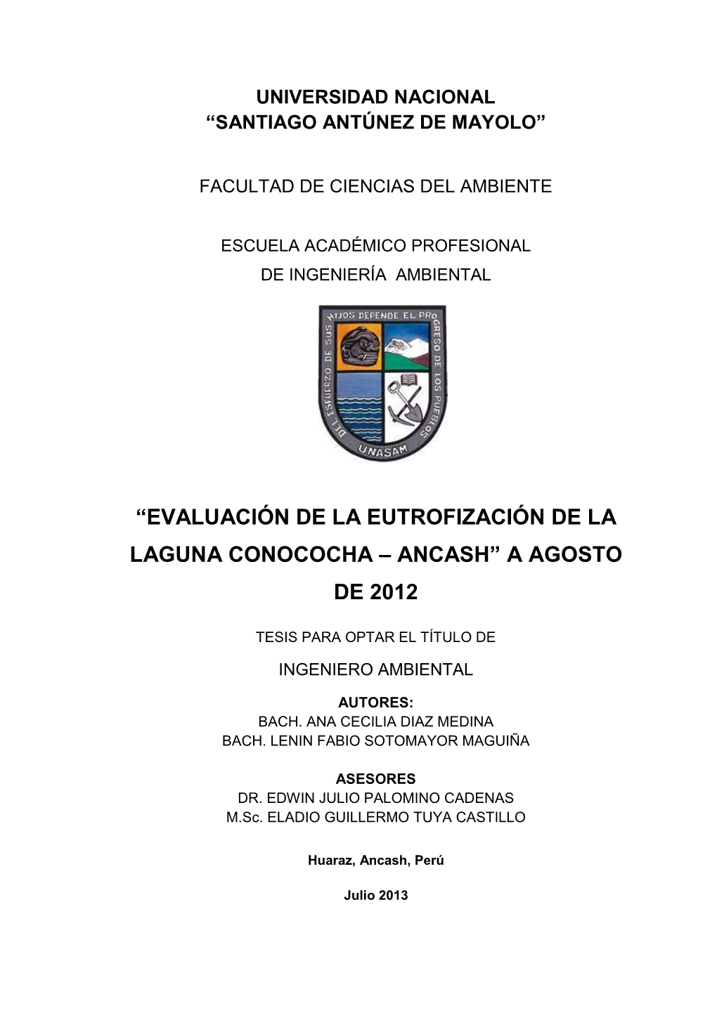 “Evaluación De La Eutrofización De La Laguna Conococha – Ancash” a Agosto De 2012