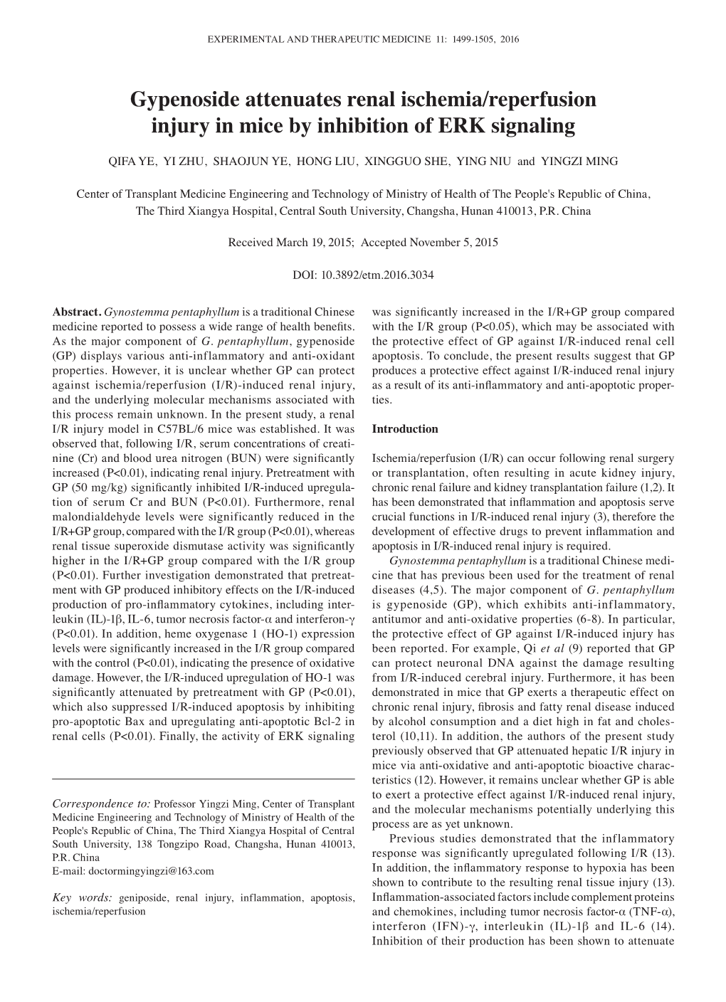 Gypenoside Attenuates Renal Ischemia/Reperfusion Injury in Mice by Inhibition of ERK Signaling