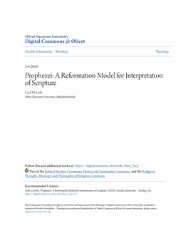 Prophezei: a Reformation Model for Interpretation of Scripture Carl M