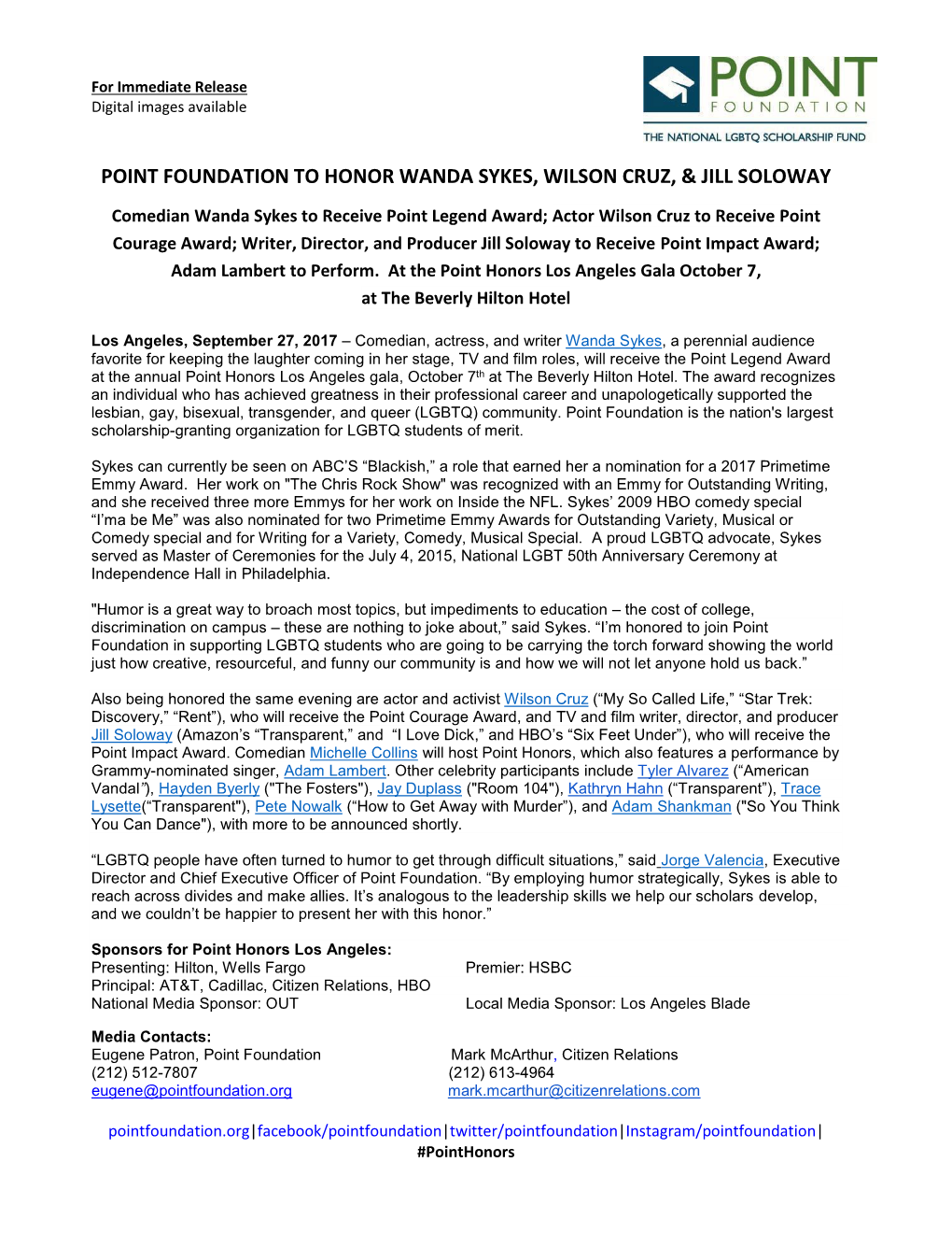 Point Foundation to Honor Wanda Sykes, Wilson Cruz, & Jill Soloway