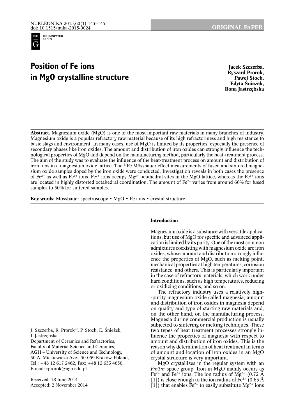 Position of Fe Ions in Mgo Crystalline Structure 145