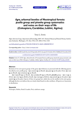 Pusilla Group and Piranha Group Systematics and Notes on Their Ways of Life (Coleoptera, Carabidae, Lebiini, Agrina)