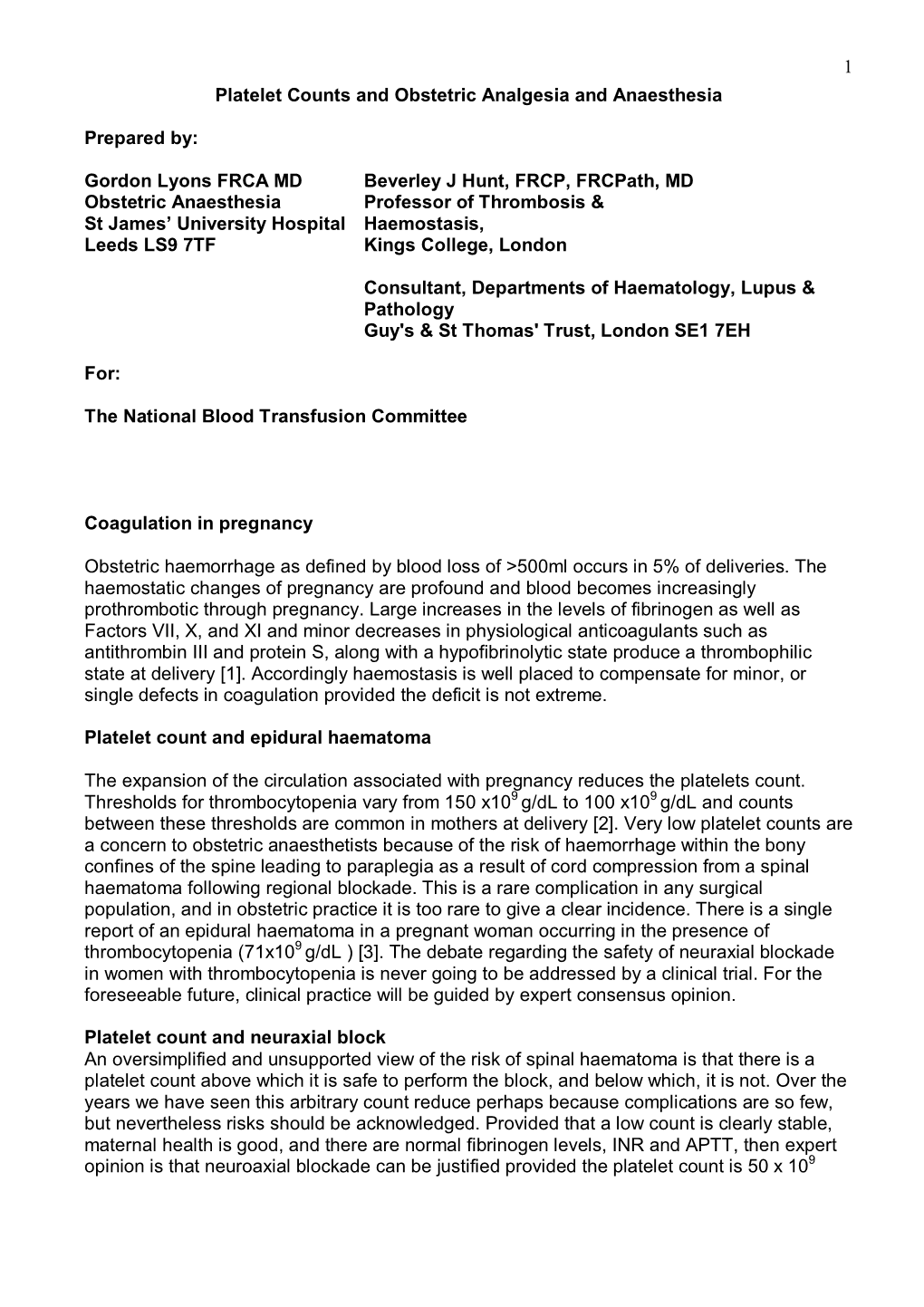 Platelet Counts and Obstetric Analgesia and Anaesthesia