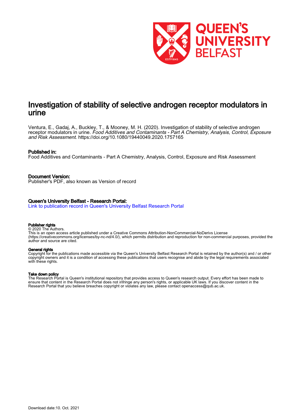 Investigation of Stability of Selective Androgen Receptor Modulators in Urine