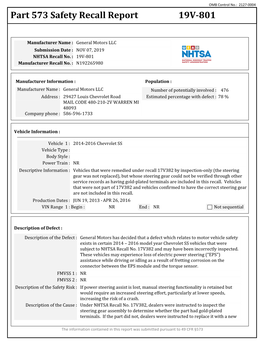 Part 573 Safety Recall Report 19V-801