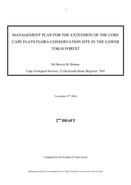 Management Plan for the Extension of the Core Cape Flats Flora Conservation Site in the Lower Tokai Forest