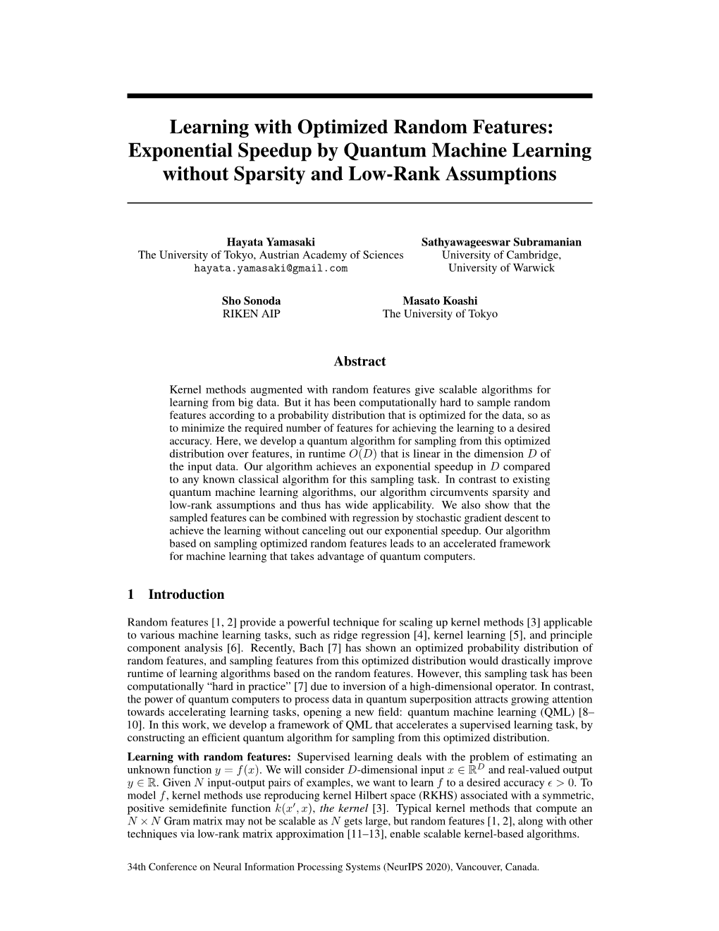 Learning with Optimized Random Features: Exponential Speedup by Quantum Machine Learning Without Sparsity and Low-Rank Assumptions