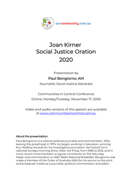 Joan Kirner Social Justice Oration 2020