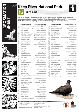 Keep River National Park Bird List Information Sheet