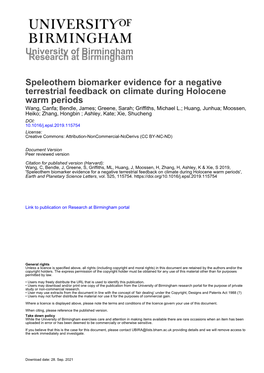 University of Birmingham Speleothem Biomarker Evidence for a Negative Terrestrial Feedback on Climate During Holocene Warm Perio