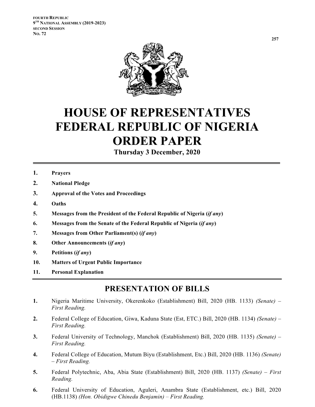 House Order Paper 3 December, 2020