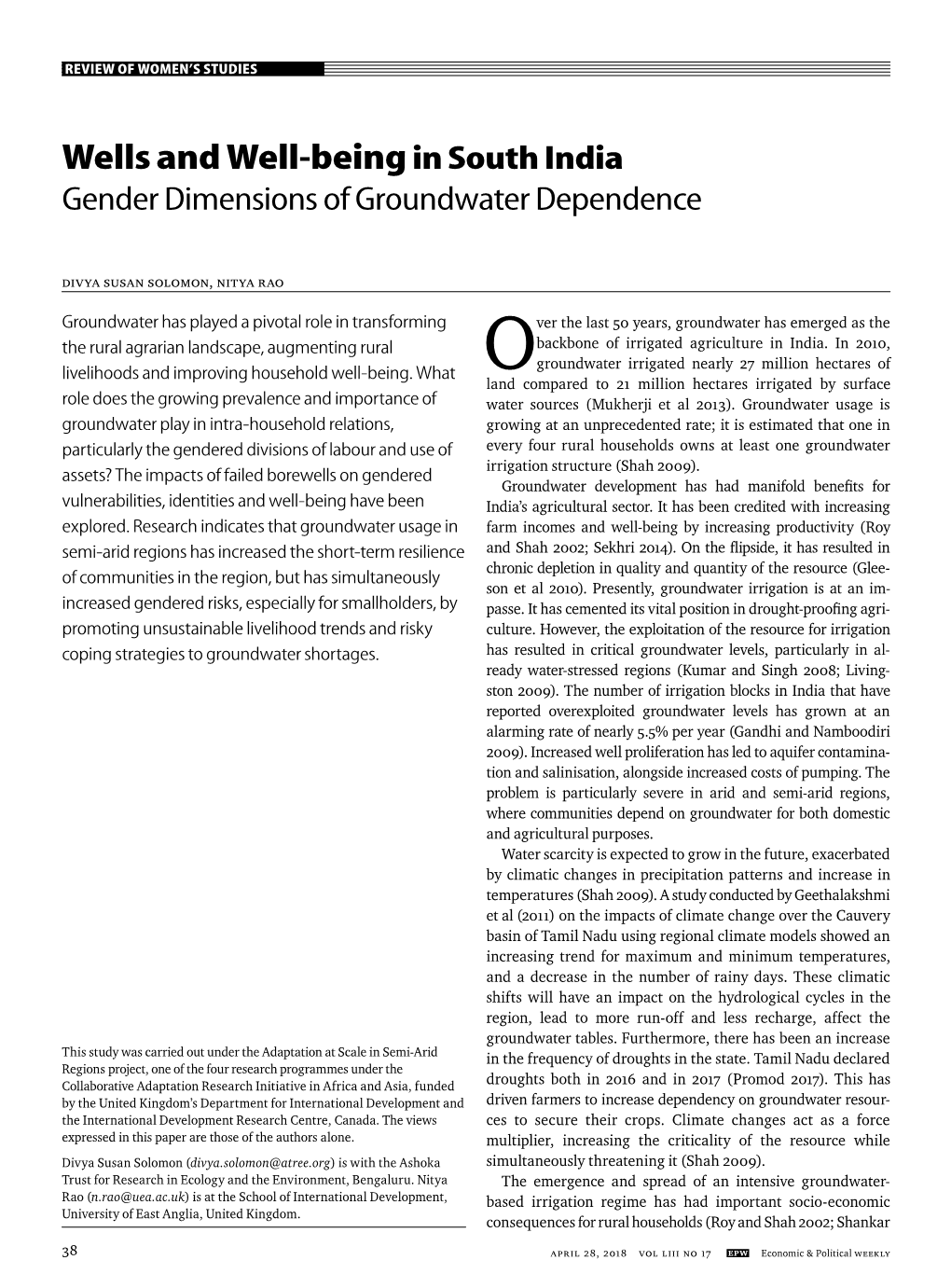 Wells and Well-Being in South India Gender Dimensions of Groundwater Dependence