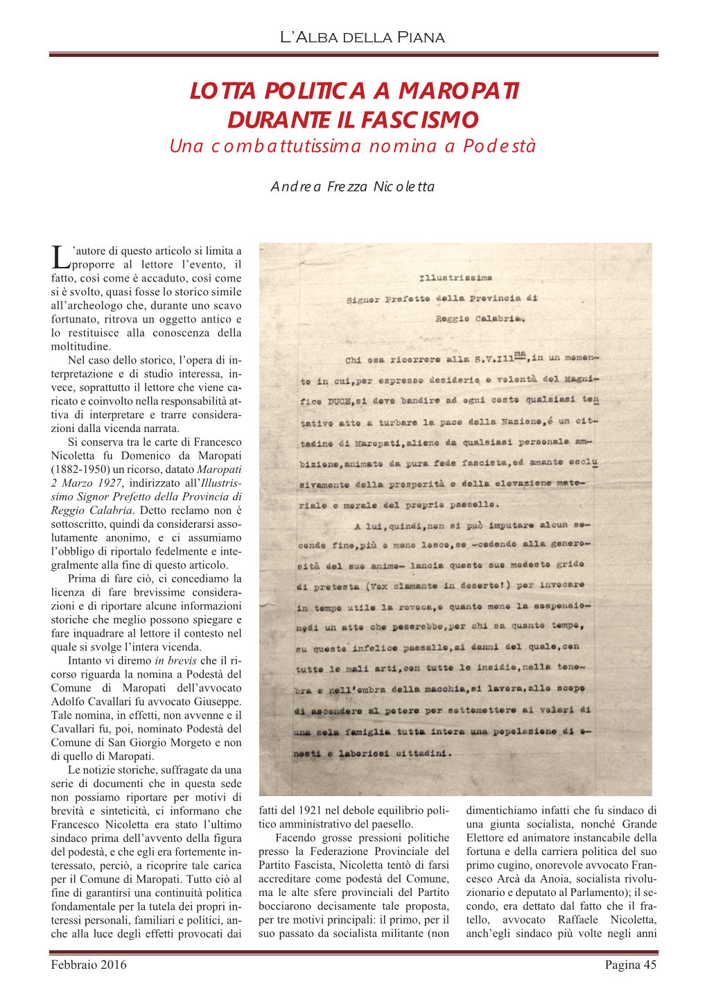 LOTTA POLITICA a MAROPATI DURANTE IL FASCISMO Una Combattutissima Nomina a Podestà