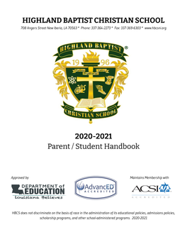 HIGHLAND BAPTIST CHRISTIAN SCHOOL 2020-2021 Parent / Student Handbook
