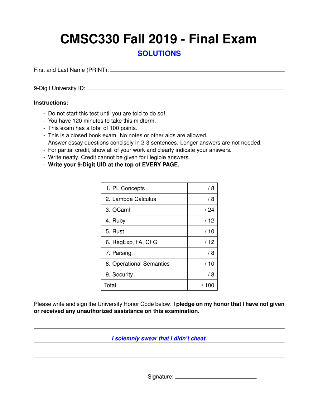 CMSC330 Fall 2019 - Final Exam SOLUTIONS