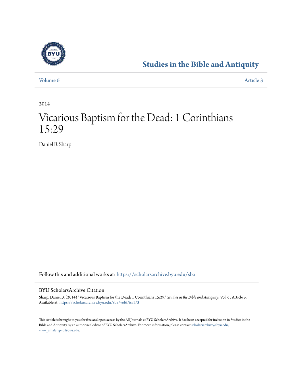 Vicarious Baptism for the Dead: 1 Corinthians 15:29 Daniel B