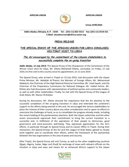 The AU Encouraged by the Commitment of the Libyans Stakeholders to Successfully Complete the On-Going Transition