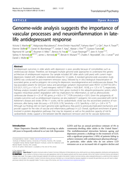 Genome-Wide Analysis Suggests the Importance of Vascular Processes and Neuroinﬂammation in Late- Life Antidepressant Response Victoria S