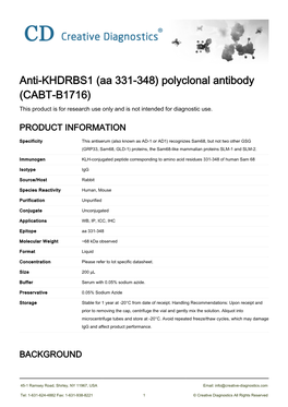 Anti-KHDRBS1 (Aa 331-348) Polyclonal Antibody (CABT-B1716) This Product Is for Research Use Only and Is Not Intended for Diagnostic Use