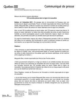 Communiqué De Presse Gouvernement Du Québec Cabinet De La Ministre Responsable Des Aînés Et Des Proches Aidants