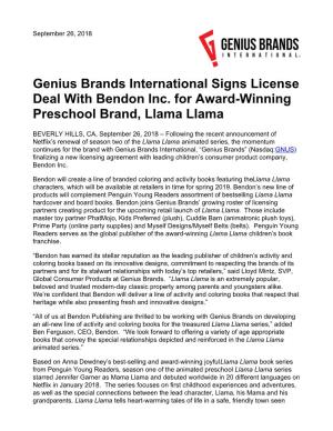 Genius Brands International Signs License Deal with Bendon Inc. for Award-Winning Preschool Brand, Llama Llama