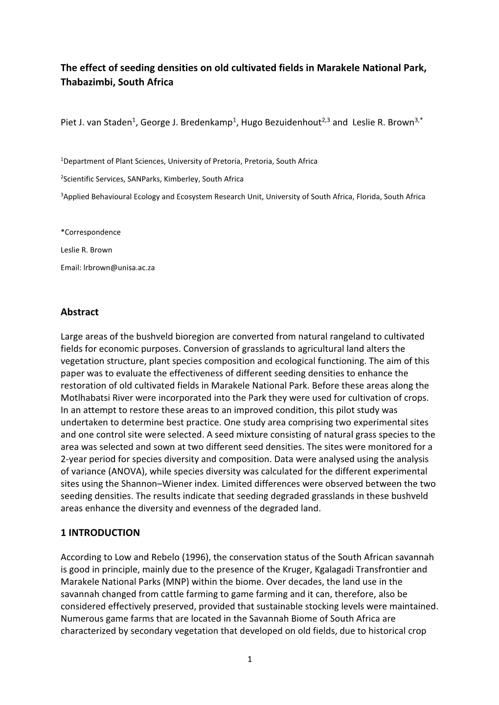 The Effect of Seeding Densities on Old Cultivated Fields in Marakele National Park, Thabazimbi, South Africa