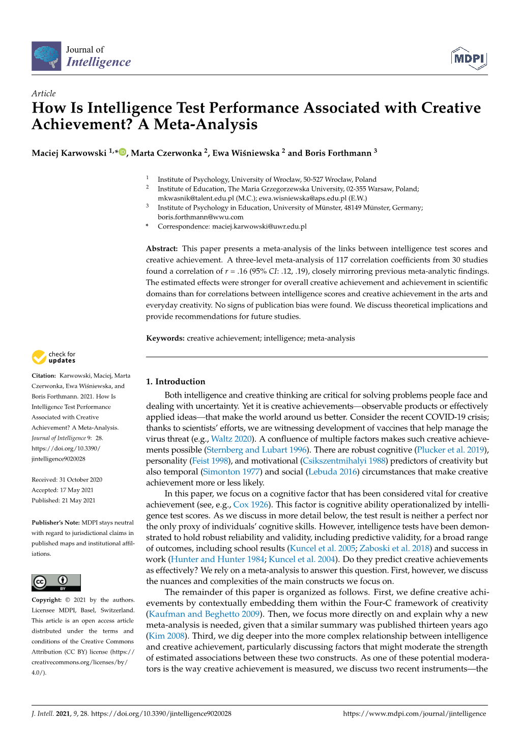 How Is Intelligence Test Performance Associated with Creative Achievement? a Meta-Analysis